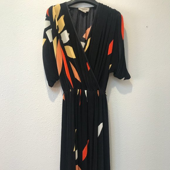 Virginie Paris Bold Print Cocktail Dress Accordion Micro Pleat Abstract 80s S/M - Picture 2 of 4